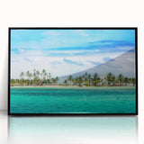 Large abstract wall art depicting a stylized Central American scenery in muted earth tones, framed in black acrylic.