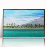 Mid-century modernist art of a Central American scenery in Panama, displayed in a silver framed acrylic.