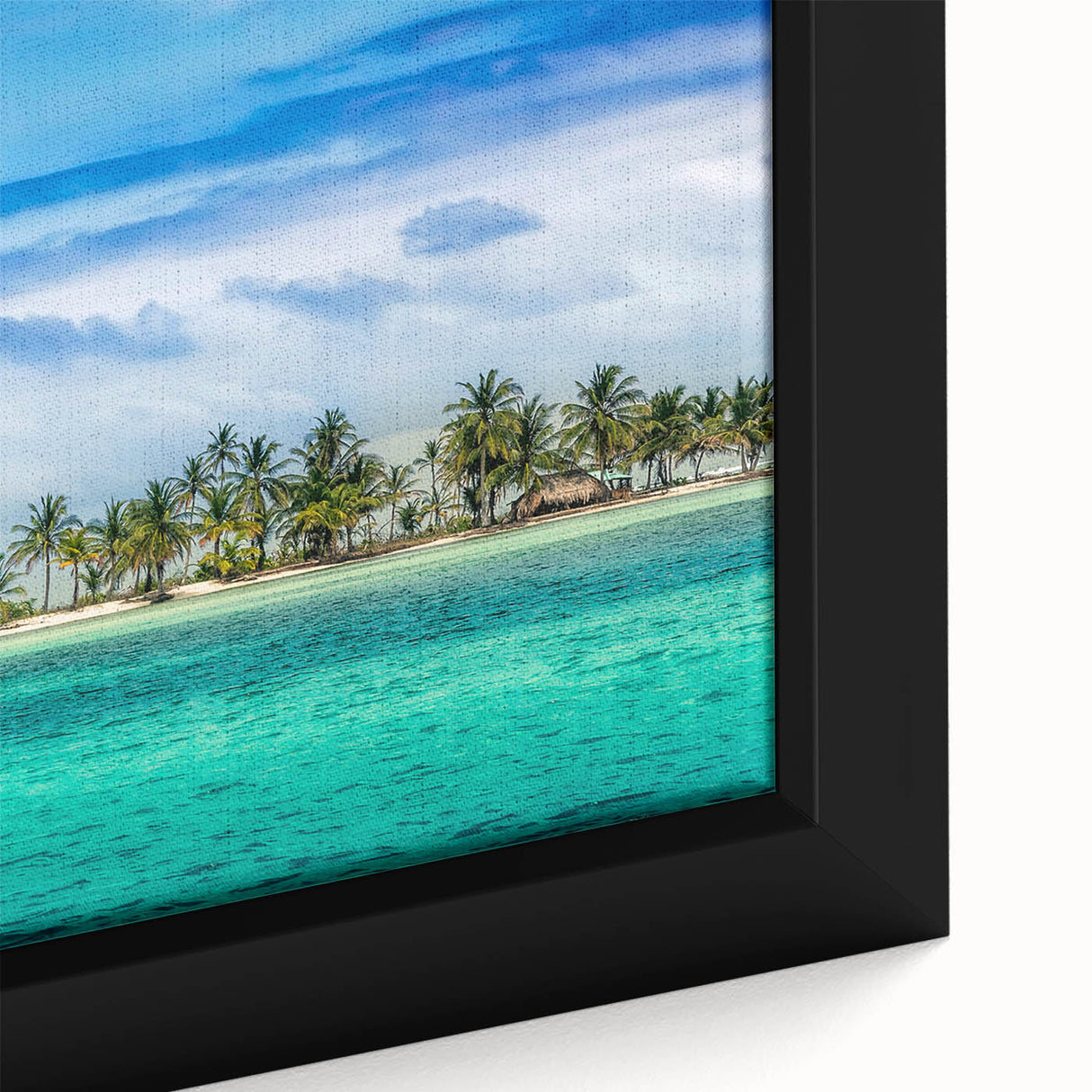 Extra large framed canvas of a textured black wall art depicting colorful Central American scenery.