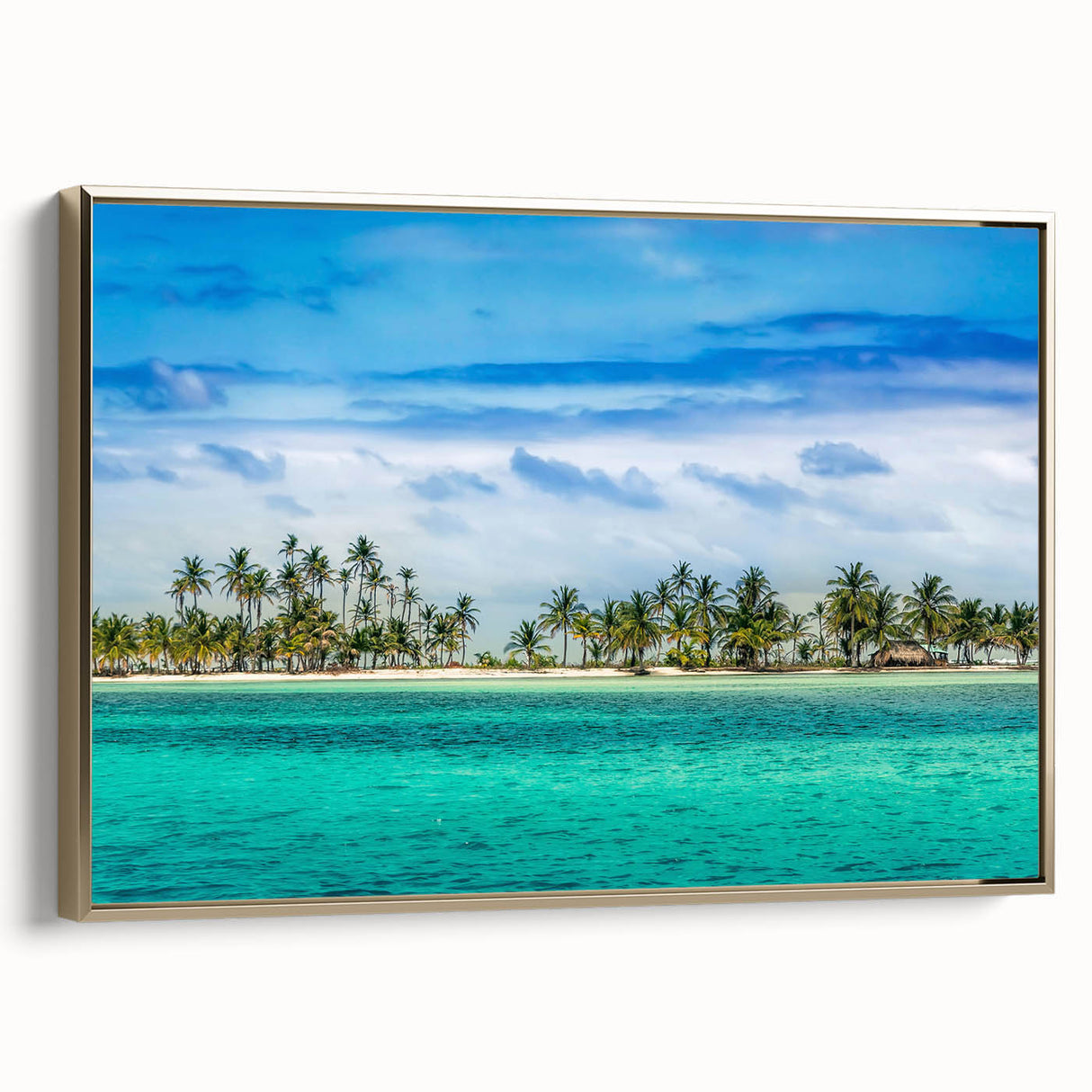 Framed canvas featuring a vintage-style landscape painting of Central America with muted gold and black tones.