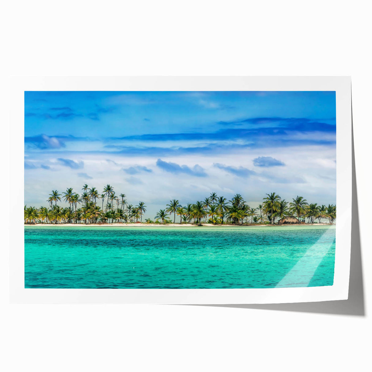Extra large rolled print of a Central American scenery featuring lush florals in vibrant greens and blues.