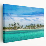 A panoramic view of a Central American landscape on a large stretched canvas, featuring vibrant green and blue tones.