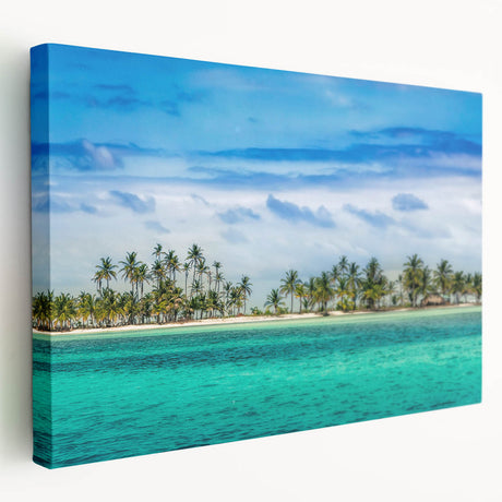 A panoramic view of a Central American landscape on a large stretched canvas, featuring vibrant green and blue tones.