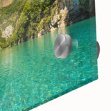 Large abstract wall art featuring a European Albanian scenery in muted earth tones on acrylic glass.