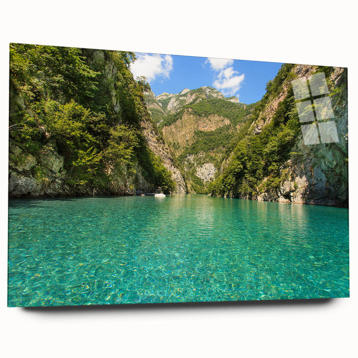 Large abstract wall art of Albanian scenery in muted blues and greens on acrylic glass.