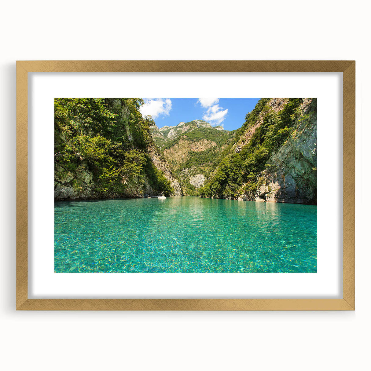 Extra large abstract art print depicting a textured European scenery in muted gold tones, framed with a mat.