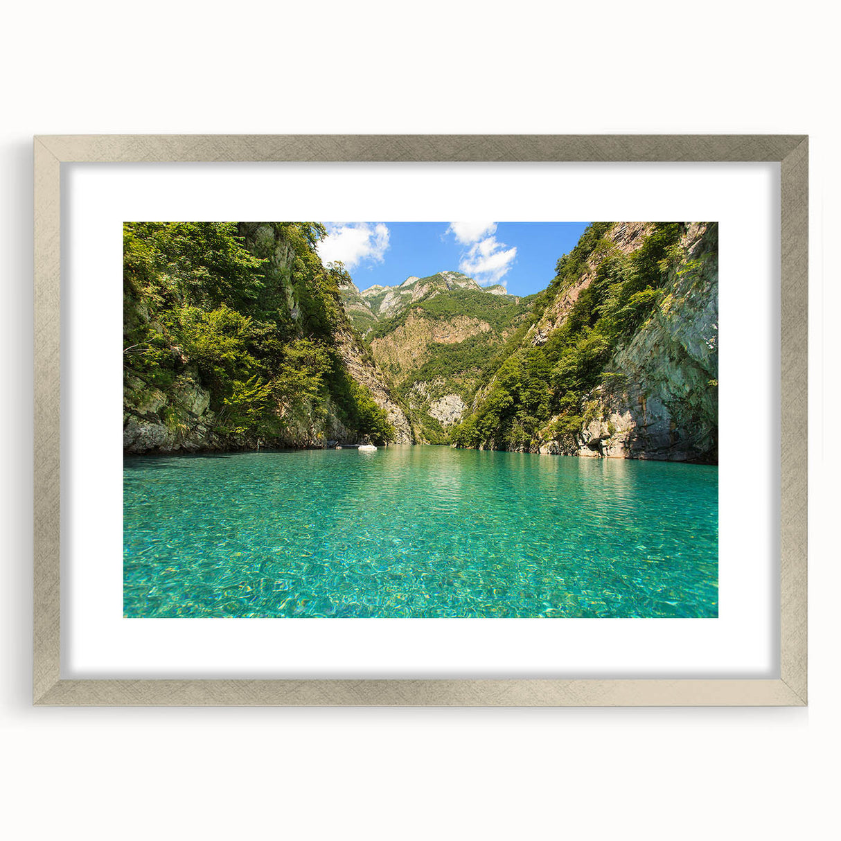 Textured abstract art print depicting a European scenery in muted earth tones on a framed silver mat.
