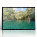 Large abstract wall art featuring a mid-century modernist European scenery in muted gray and blue tones.