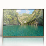 Art deco poster of an Albanian landscape in gold and green tones on framed acrylic, suitable for modern art wall decor.