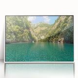 Mid-century modernist art depicting a serene Albanian landscape in soft green and blue tones, framed acrylic print.