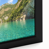 Extra large framed canvas featuring a textured, colorful Albanian landscape, ideal for living room decor.