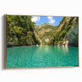 Framed canvas featuring a vintage-style landscape painting of an Albanian scenery in muted earth tones.