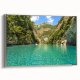 Landscape art painting of a vintage Albanian scenery on a framed canvas with vibrant colors and black accents.