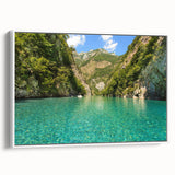 Vintage poster art of a scenic Albanian landscape on framed canvas, featuring vibrant colors, ideal for living room decor.