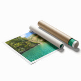 Extra large rolled print of a scenic Albanian landscape with vibrant green and blue tones.