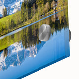 Large abstract wall art depicting a European Austrian landscape in muted earth tones on acrylic glass.