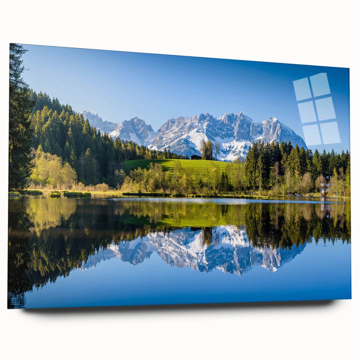 Large abstract wall art depicting a European landscape in muted greens and blues, acrylic print.