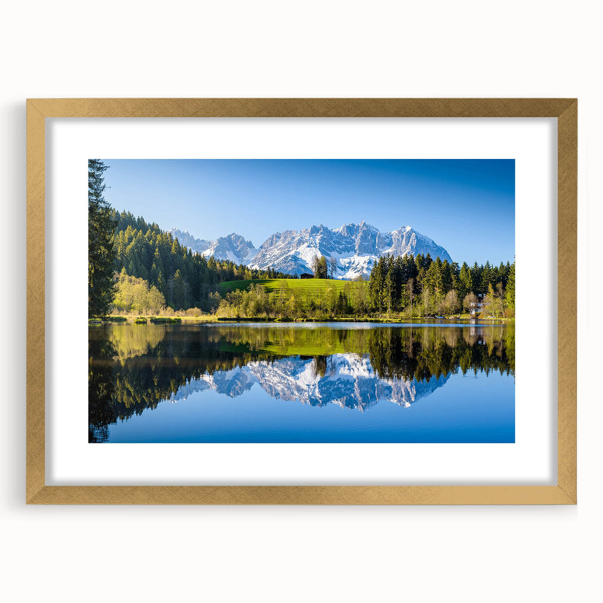Abstract art print of European scenery in muted gold and beige tones on a framed canvas, suitable for dining room decor.