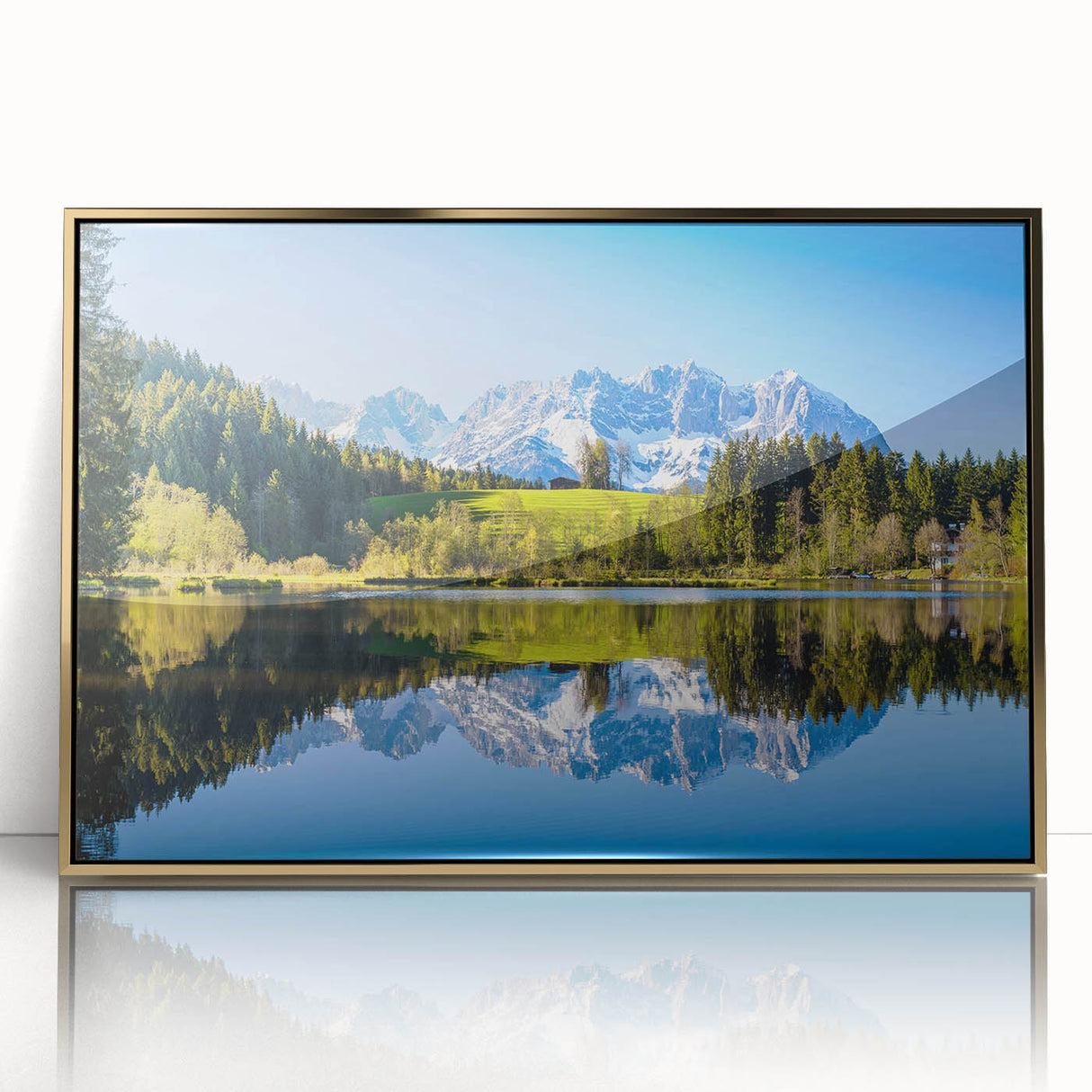 Art Deco-style poster featuring a serene Austrian landscape in muted gold tones on framed acrylic.