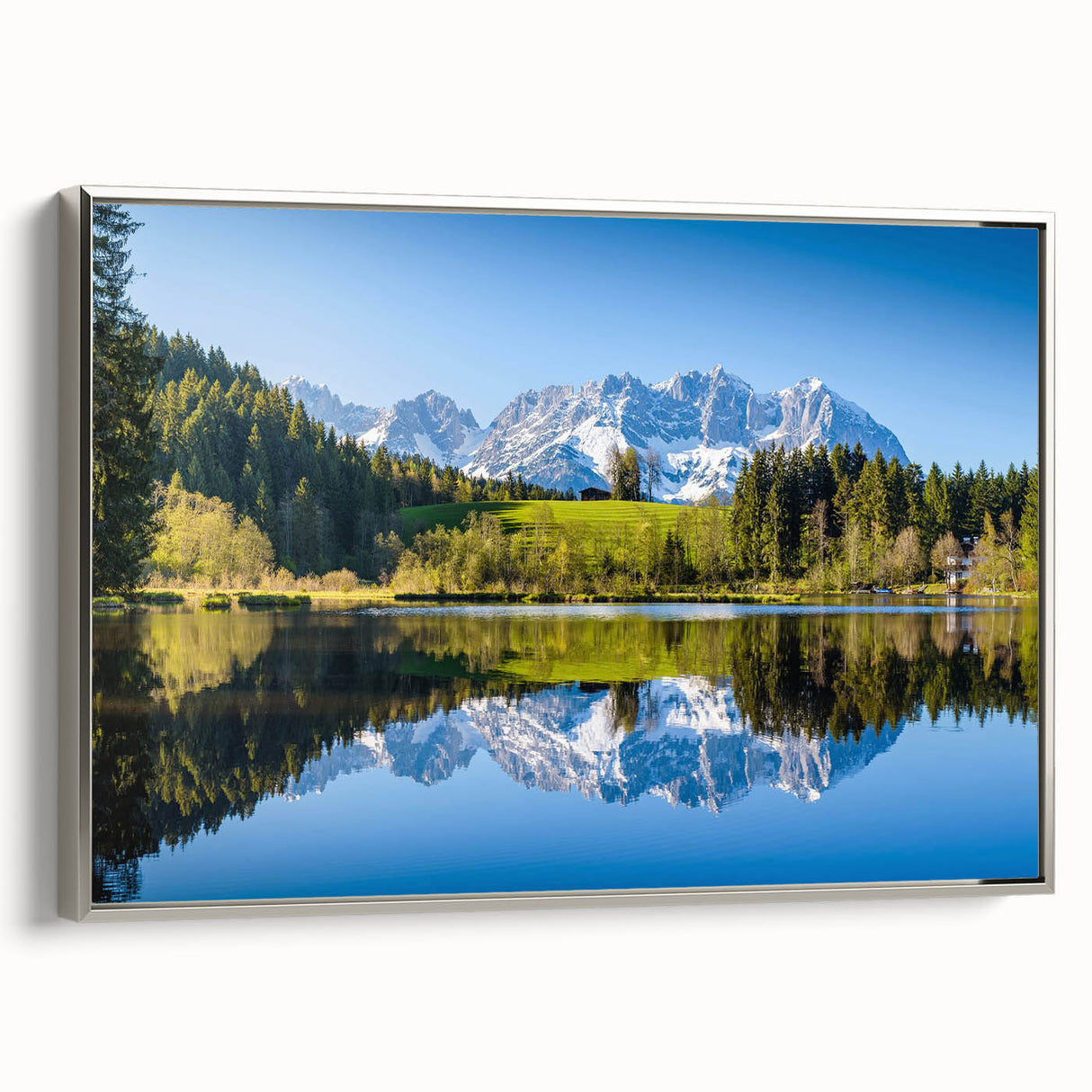 Landscape painting of an Austrian village on framed canvas, featuring muted earth tones and vintage poster art style.