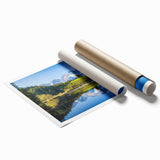 Extra large rolled print depicting a serene Austrian landscape in soft pastel shades, ideal for classy bathroom wall art.