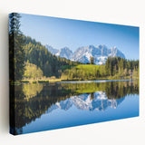 Large canvas print of a European landscape with muted green and blue tones, ideal for kitchen wall art.