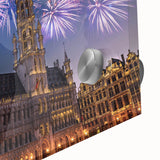 Large abstract wall art depicting a European scenery in mid-century modernist style on acrylic glass.