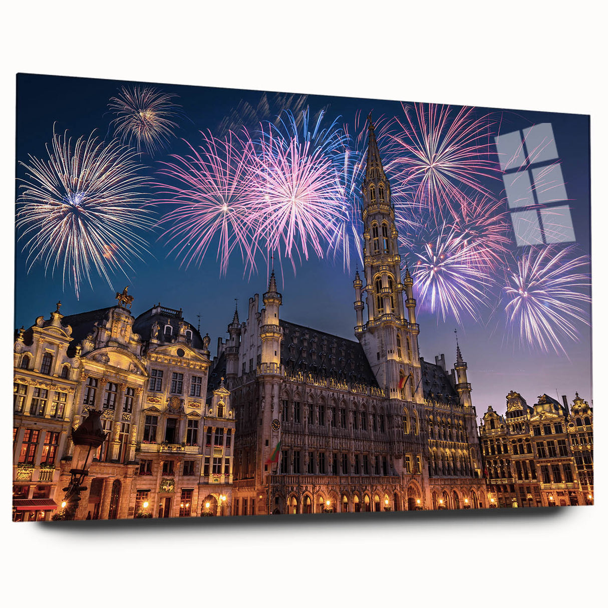 Large abstract wall art depicting a European scenery in muted earth tones on acrylic glass.