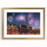 Abstract art print of a European scenery in muted earth tones, framed in gold, suitable for bedroom or dining room decor.