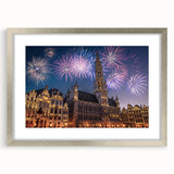 Extra large abstract art print of a textured European scenery in muted earth tones, framed in silver.