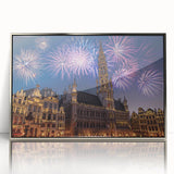 Large art print of a European cityscape in muted tones on a silver-framed acrylic, suitable for modern art wall decor.