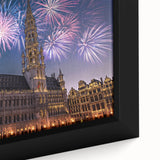Black framed canvas featuring a textured, colorful European cityscape, ideal for living room decor.