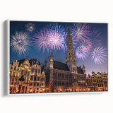 Vintage poster art of a European scenery, featuring colorful art on a black background, in a white-framed canvas.