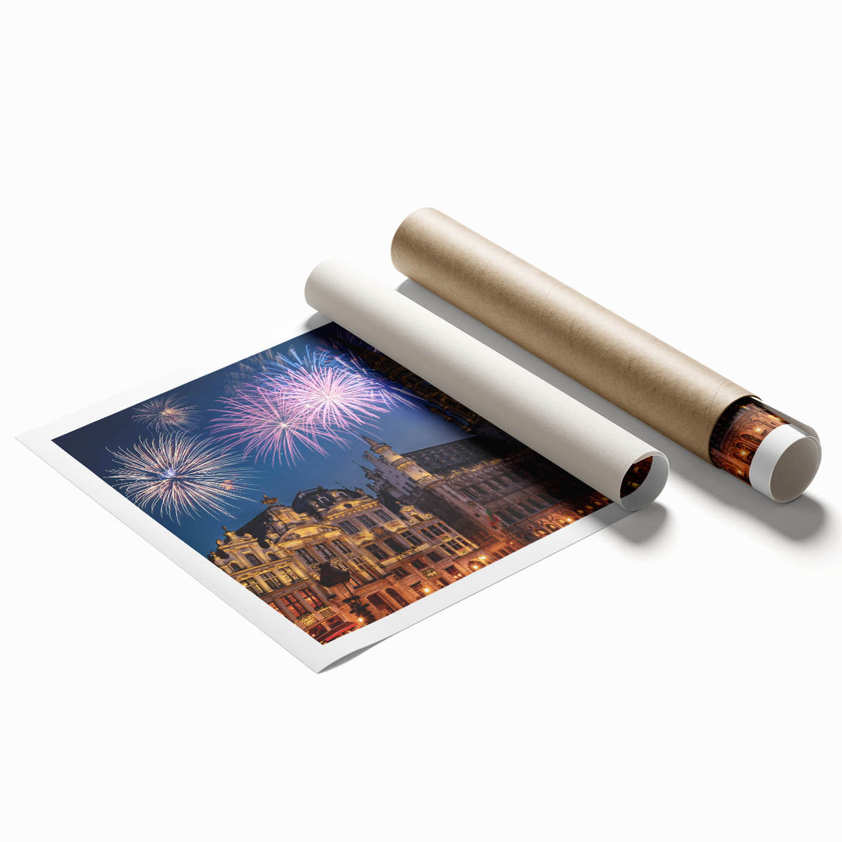 Extra large rolled print of a serene Belgian landscape with soft floral elements in pastel colors.