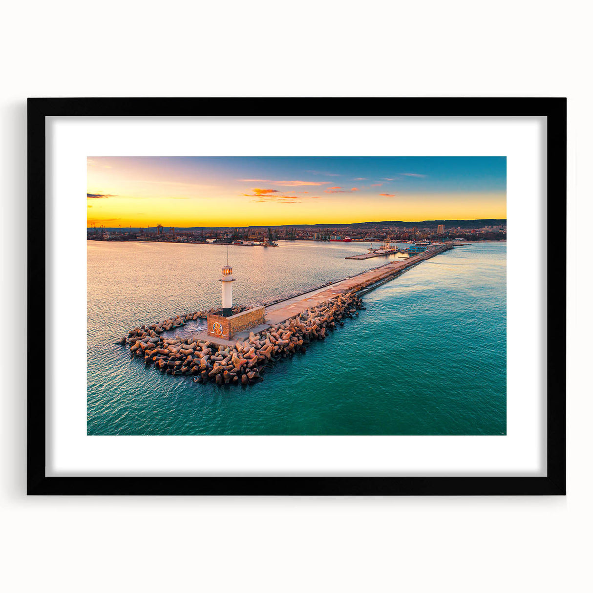 Extra large abstract art print of a colorful European scenery in a black frame with mat, ideal for living room decor.
