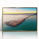 Art deco poster of a European scenery in Bulgaria, featuring muted gold and blue tones on a framed acrylic.