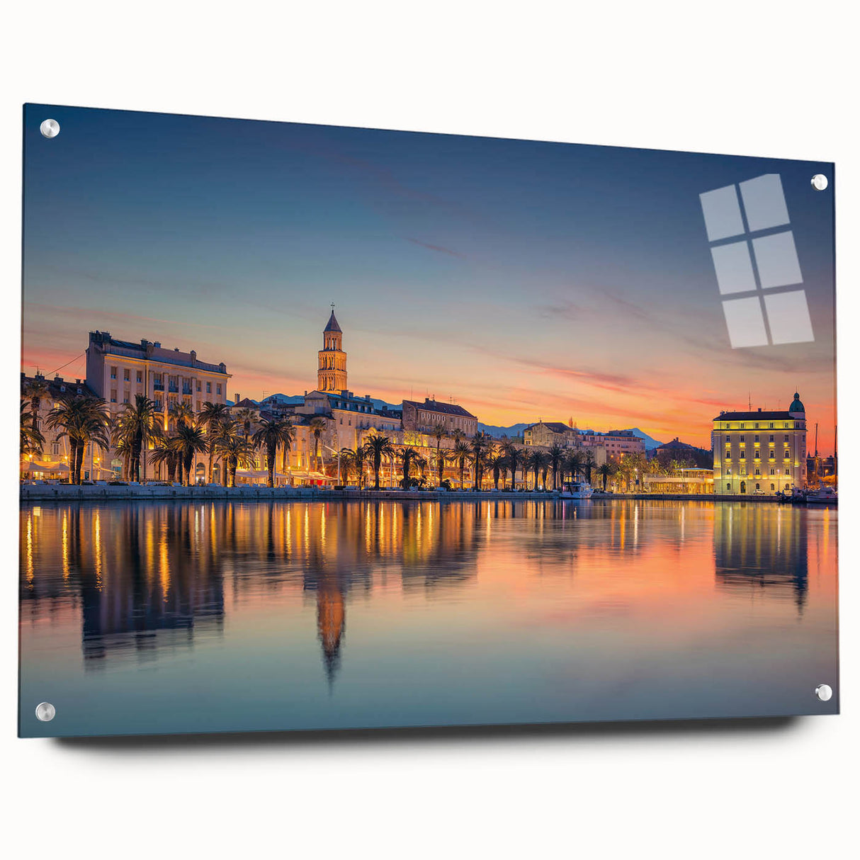 Acrylic print of a Croatian landscape in muted green and blue tones, ideal for dining room decor.