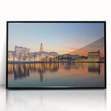 Large abstract wall art depicting a Croatian landscape in muted earth tones, framed in black acrylic.