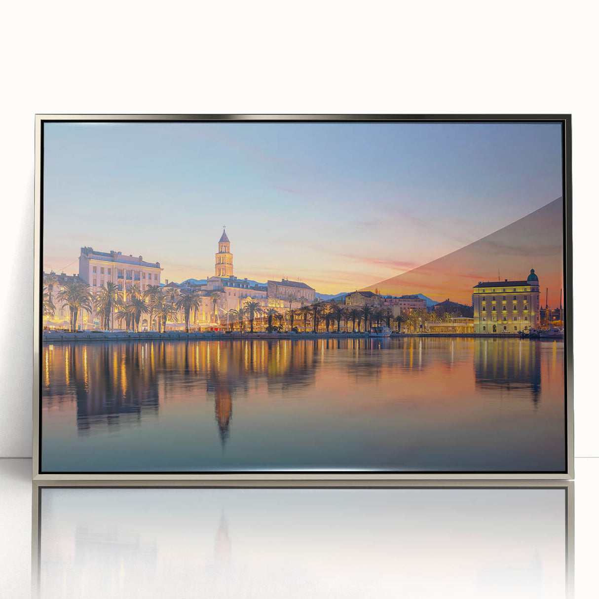 Large art print of a Croatian landscape in muted earth tones on a silver-framed acrylic, suitable for modern art wall decor.