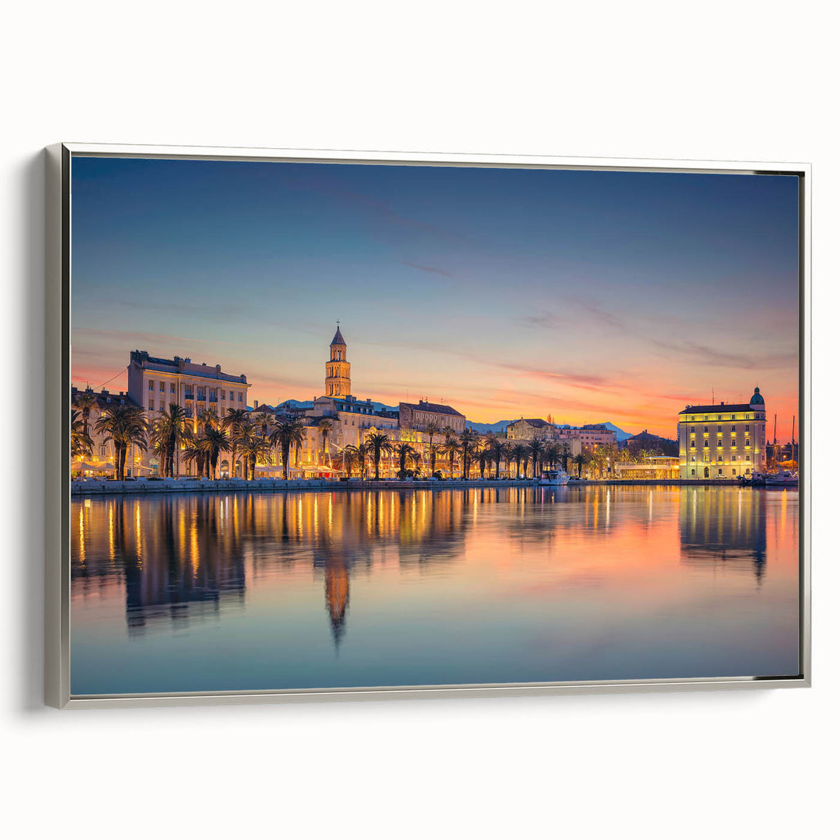Landscape art painting of a Croatian coastal scene on a framed canvas, featuring vibrant blues and greens.