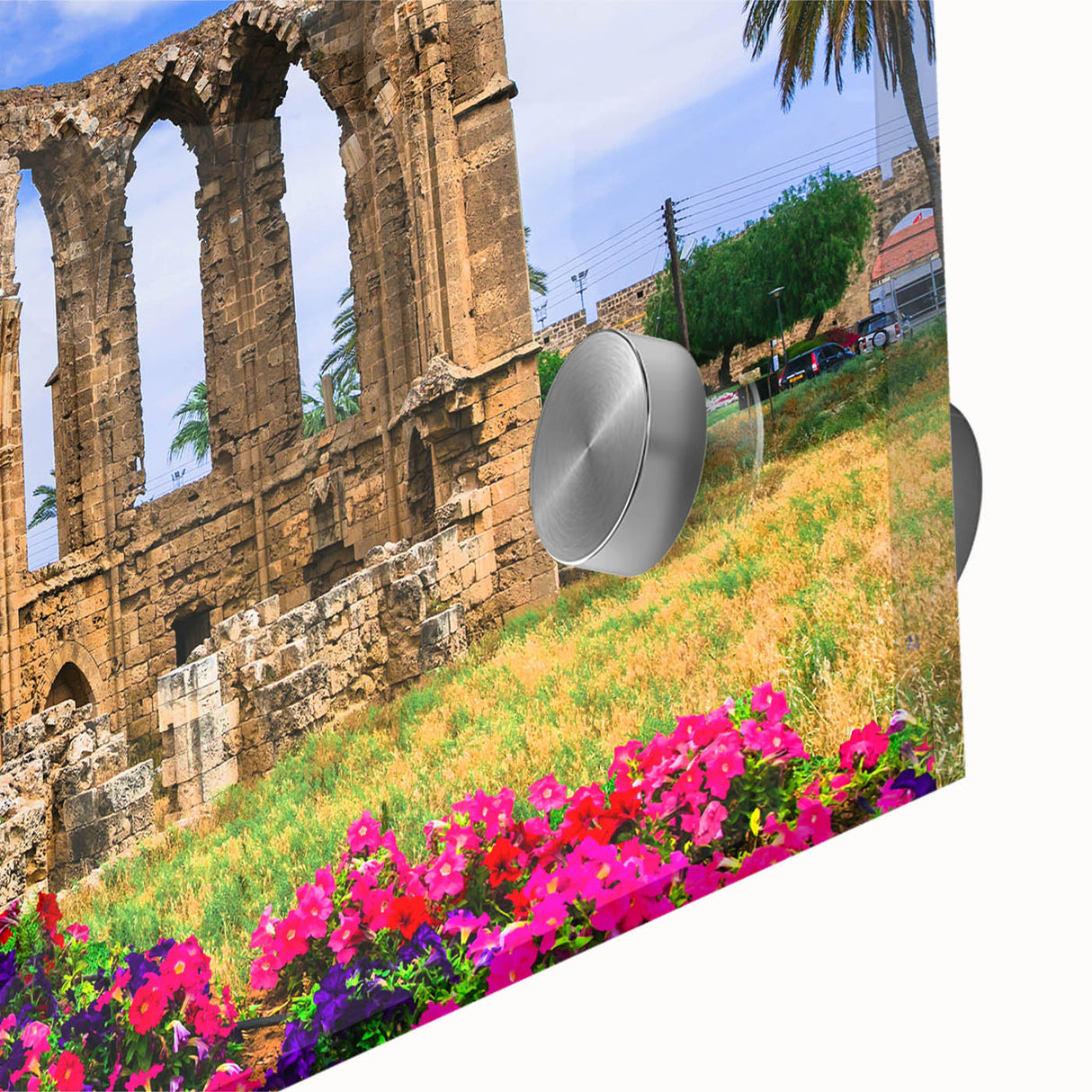 Large abstract wall art depicting a European Cyprus landscape in muted earth tones on acrylic glass.