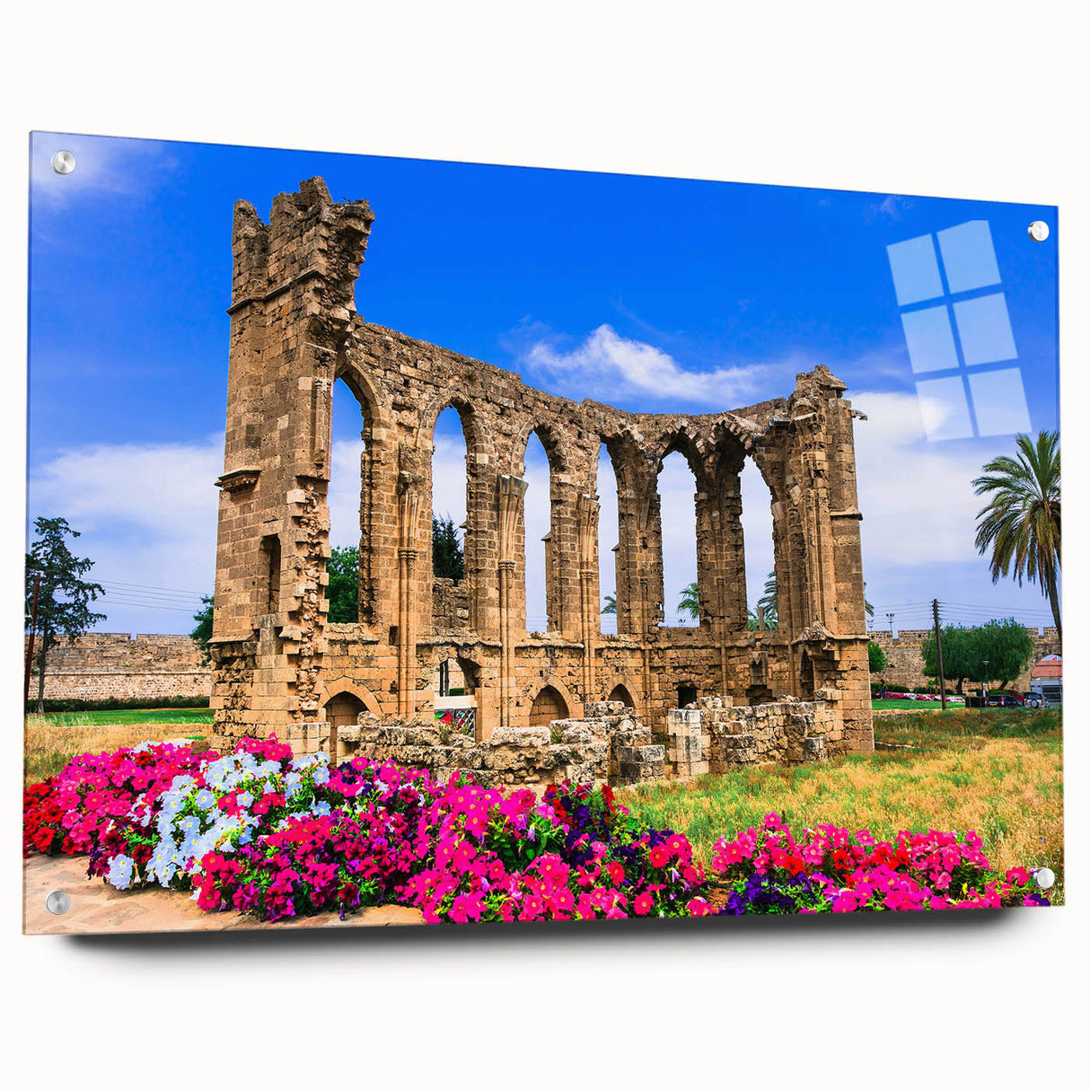 Acrylic print of a European Cyprus landscape, featuring muted earth tones, ideal for dining room decor.