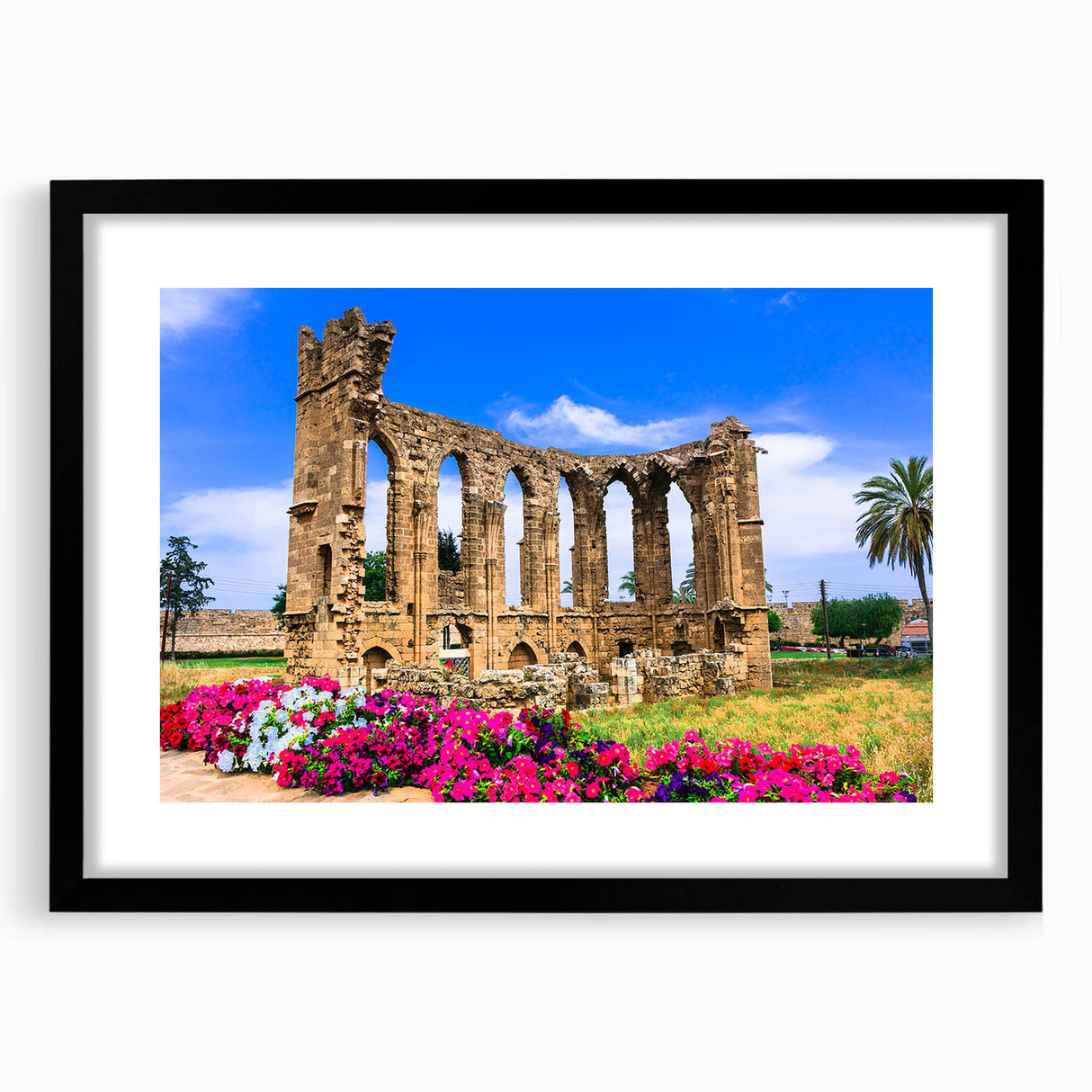 Extra large abstract art print featuring colorful, textured scenery of Europe, Cyprus in a black frame.