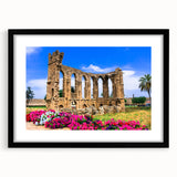 Extra large abstract art print featuring colorful, textured scenery of Europe, Cyprus in a black frame.