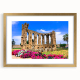 Abstract art print of a European scenery in Cyprus, featuring muted earth tones on a framed gold mat.
