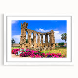 Textured art print of abstract Cyprus scenery in muted earth tones, framed with a white mat, ideal for bedroom art.