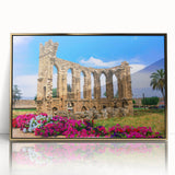 Art deco poster of a European Cyprus landscape, vivid blue and gold tones on framed acrylic.