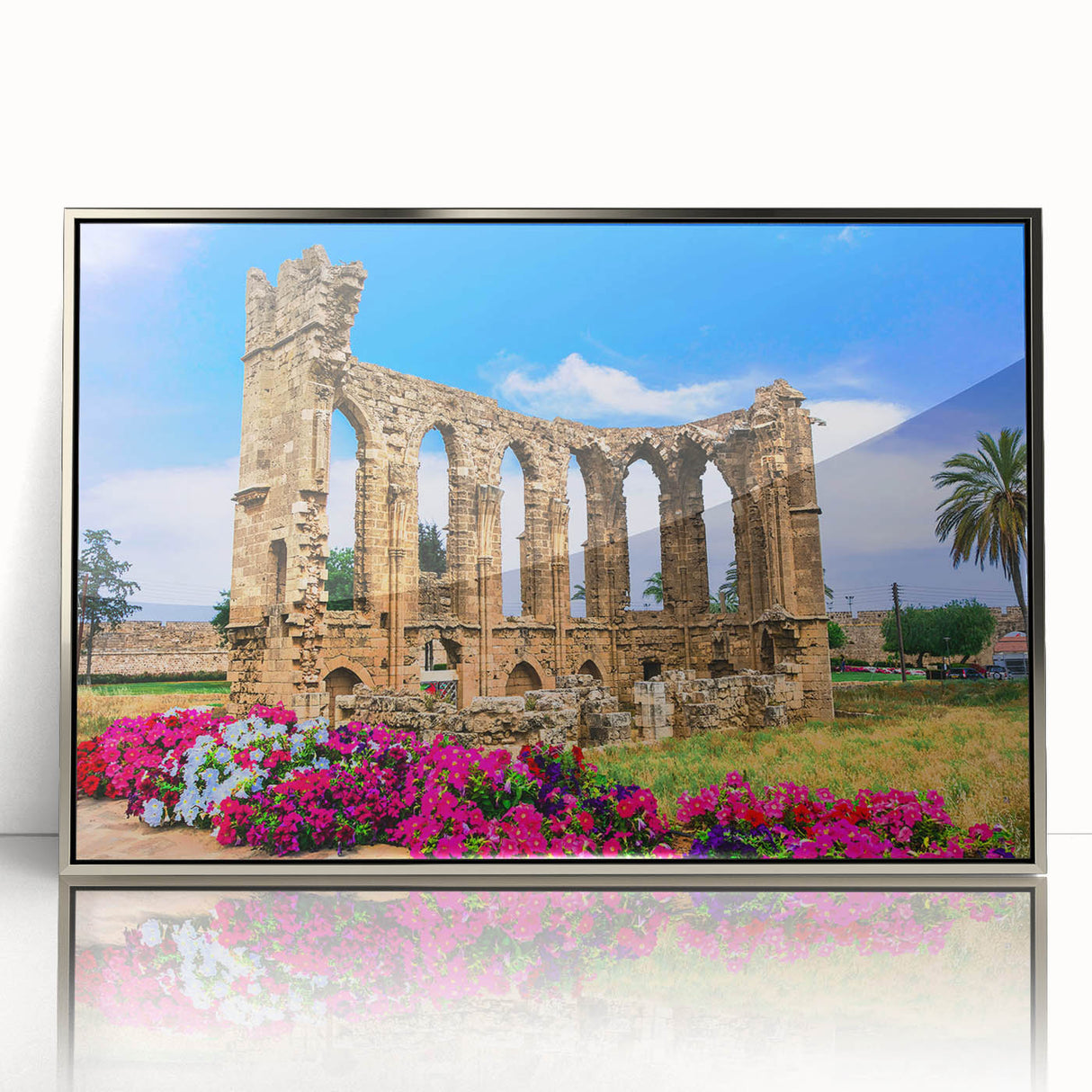 Large art print of a European Cyprus landscape in muted earth tones on a framed acrylic, suited for modern art wall decor.