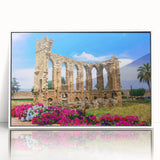 Mid-century modernist art depicting a serene Cyprus landscape in soft blue and green hues on a framed acrylic.