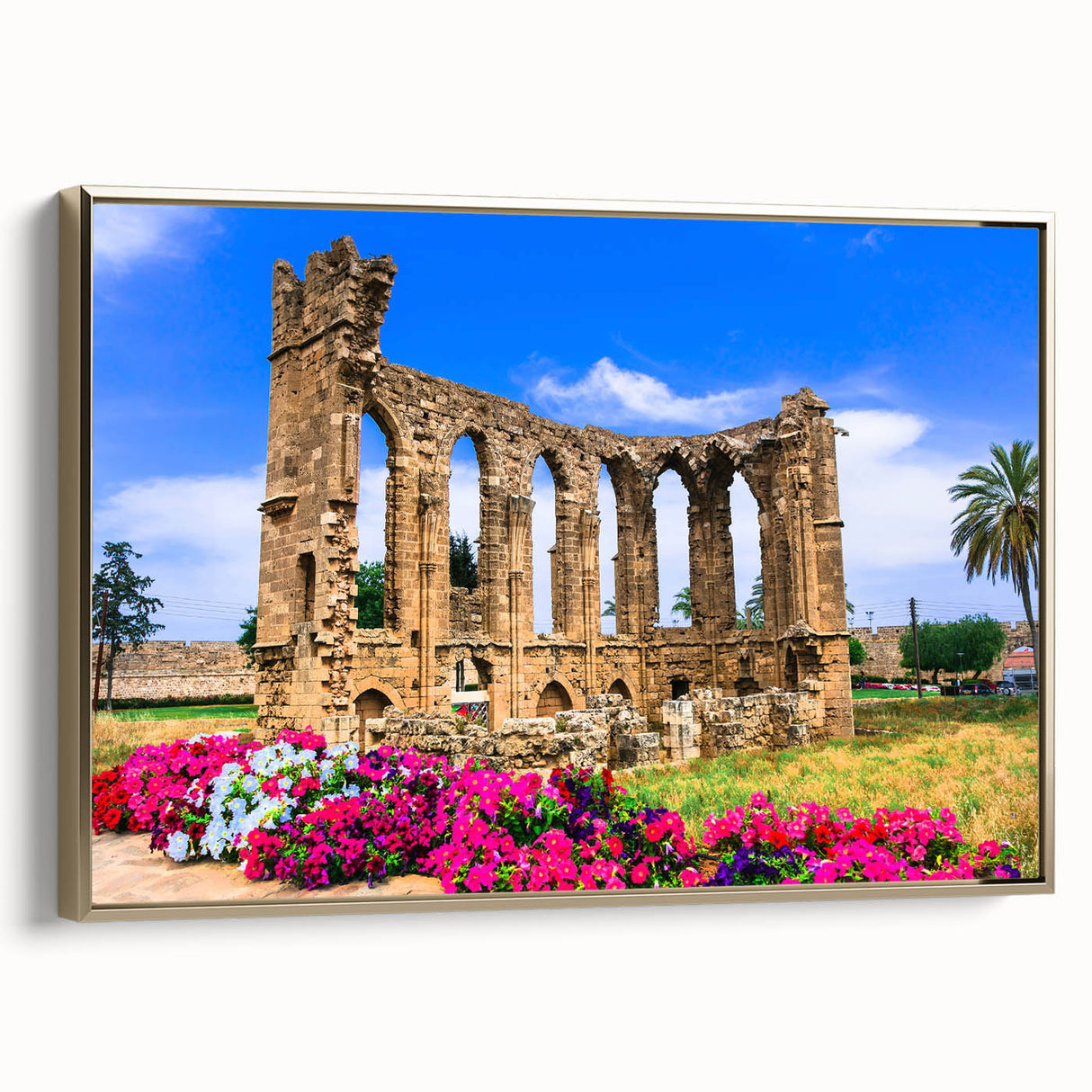 Framed canvas landscape painting of a European scenery in Cyprus with muted earth tones, ideal for bedroom wall art.